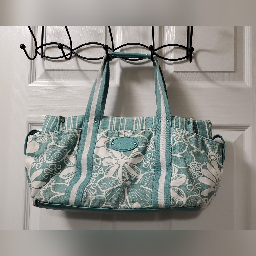 TOMMY HILFIGER TOTE Floral Hawaiian TOTE CANVAS BAG RARE Aqua